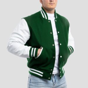 Matthew Kelly Green Wool Body & White Leather Sleeves Varsity Jacket