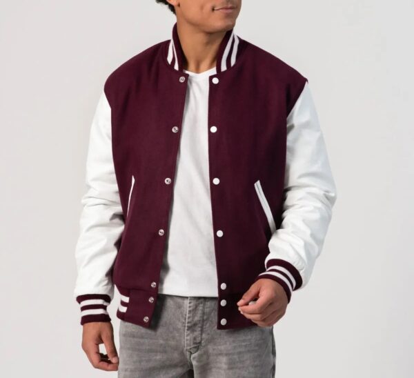 Alexander Maroon Wool Body & White Leather Sleeves Varsity Jacket