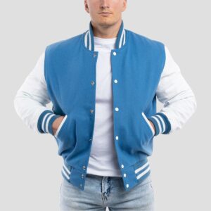 William Sky Blue Wool Body & White Leather Sleeves Varsity Jacket