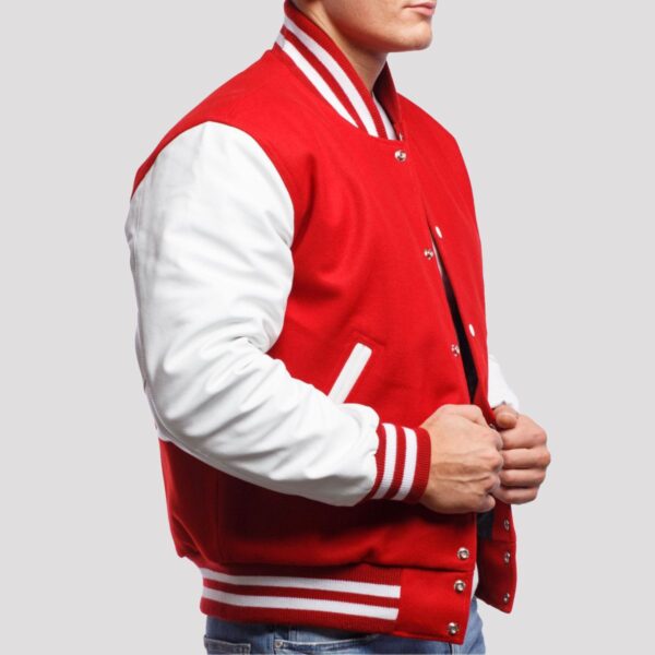 Jack Scarlet Wool Body & White Leather Sleeves Varsity Jacket - Image 3
