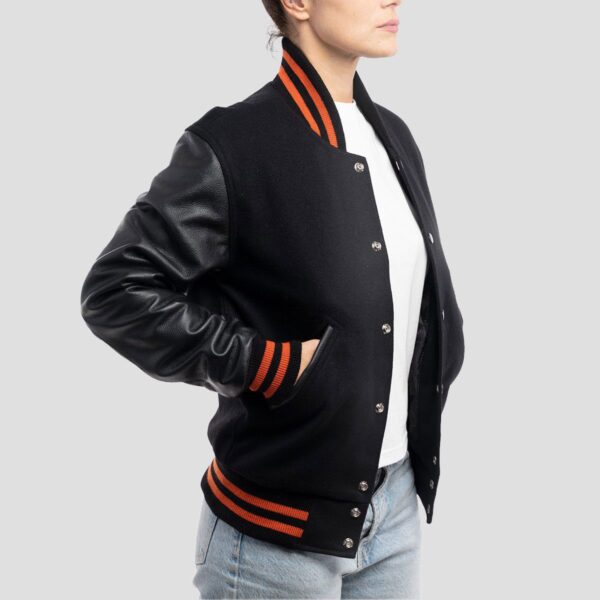 Emily All Black with Orange Stripes Varsity Jacket - Image 3
