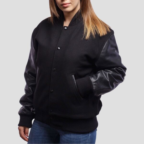 Charlotte Black Wool Body & Black Leather Sleeves Varsity Jacket - Image 3