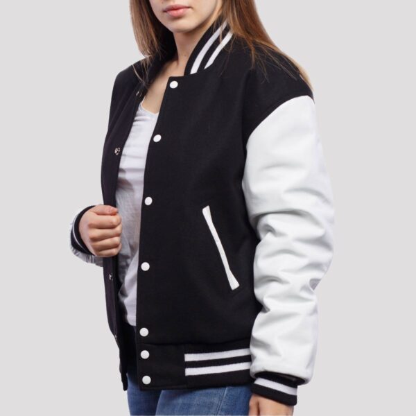 Mia Black Wool Body & White Leather Sleeves Varsity Jacket - Image 3