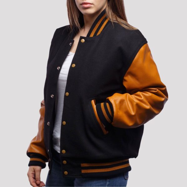 Isabella Black Wool Body & Old Gold Leather Sleeves Varsity Jacket - Image 3
