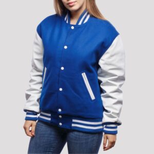Scarlett Royal Blue Wool Body & White Leather Sleeves Varsity Jacket