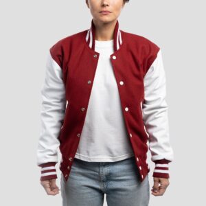 Amelia Cardinal Red Wool Body & White Leather Sleeves Varsity Jacket