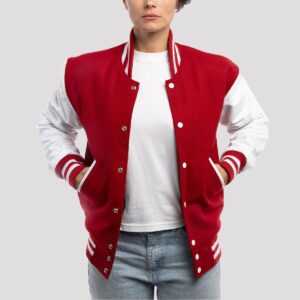 Elizabeth Red Wool Body & White Leather Sleeves Varsity Jacket