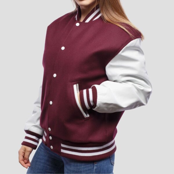 Luna Maroon Wool Body & White Leather Sleeves Varsity Jacket - Image 3