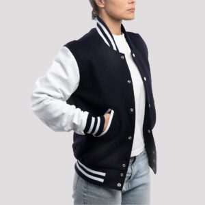 Violet Navy Blue Wool Body & White Leather Sleeves Varsity Jacket