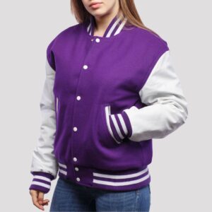 Sophia Purple Wool Body & White Leather Sleeves Varsity Jacket