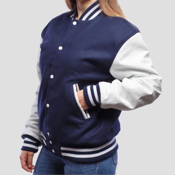 Evelyn Royal Blue Wool Body & White Leather Sleeves Varsity Jacket - Image 3