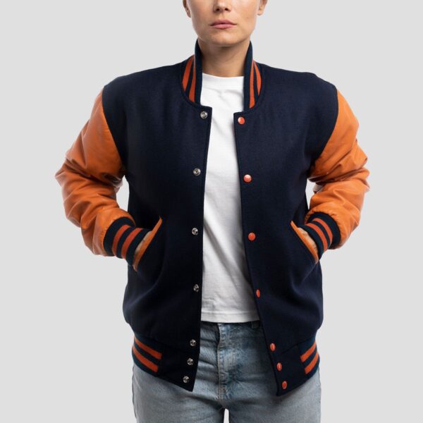 Lily Royal Blue Wool Body & Orange Leather Sleeves Varsity Jacket - Image 2