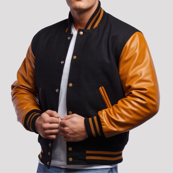 Sebastian Black Wool Body & Old Gold Leather Sleeves Varsity Jacket