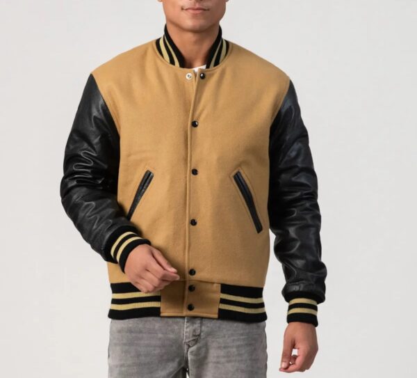 Asher Camel wool body & Black leather sleeves Varsity Jacket - Image 5