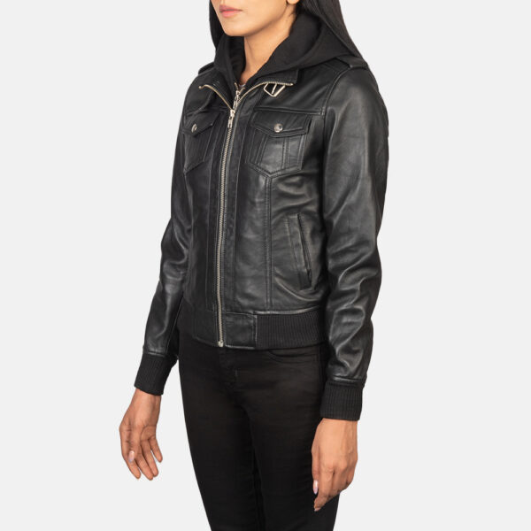 Levy Black Hooded Leather Bomber Jacket - Image 5