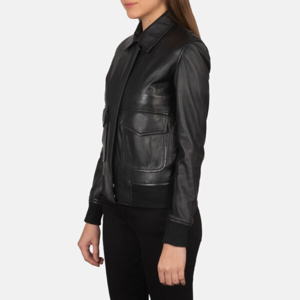 Rose Black Leather Bomber Jacket - Image 3