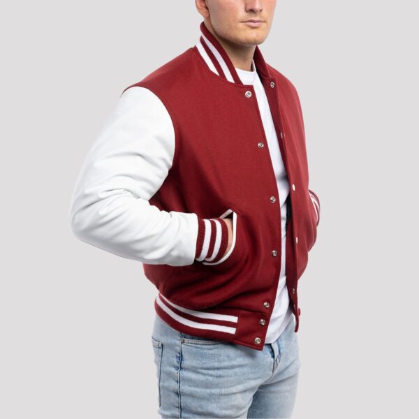Noah Cardinal Red Wool Body & White Leather Sleeves Varsity Jacket