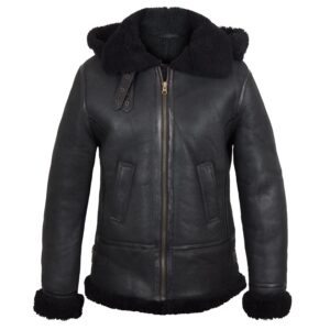 Mia Black Hooded Shearling Sheepskin Leather Jacket