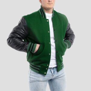 Lucas Kelly Green Wool Body & Black Leather Sleeves Varsity Jacket