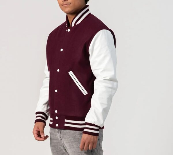 Alexander Maroon Wool Body & White Leather Sleeves Varsity Jacket - Image 3