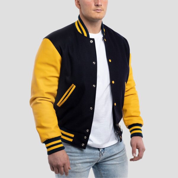 Samuel Navy Blue Wool Body & Lemon Leather Sleeves Varsity Jacket - Image 3
