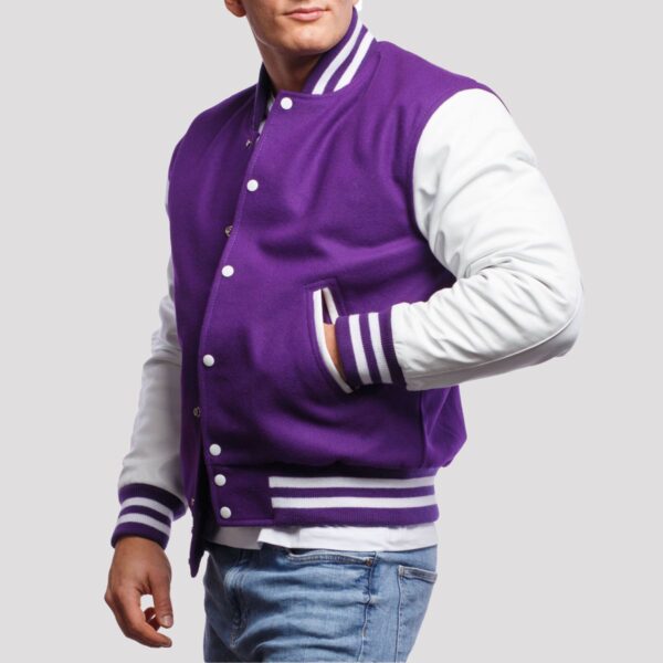 Benjamin Purple Wool Body & White Leather Sleeves Varsity Jacket - Image 3