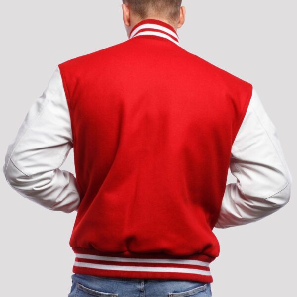 Jack Scarlet Wool Body & White Leather Sleeves Varsity Jacket - Image 2
