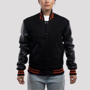 Emily All Black with Orange Stripes Varsity Jacket
