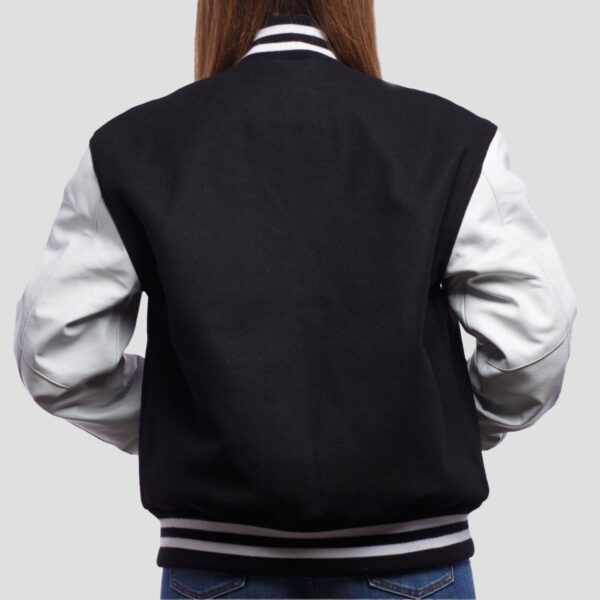 Mia Black Wool Body & White Leather Sleeves Varsity Jacket - Image 2