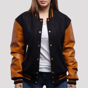 Isabella Black Wool Body & Old Gold Leather Sleeves Varsity Jacket