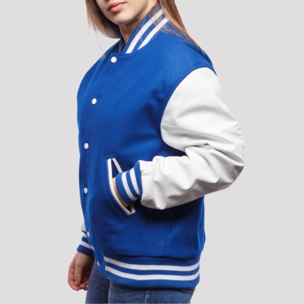 Scarlett Royal Blue Wool Body & White Leather Sleeves Varsity Jacket - Image 3