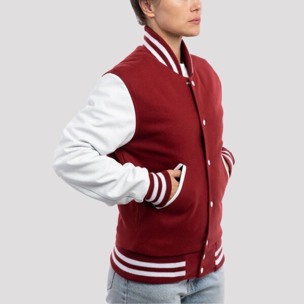 Amelia Cardinal Red Wool Body & White Leather Sleeves Varsity Jacket - Image 2
