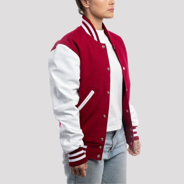Elizabeth Red Wool Body & White Leather Sleeves Varsity Jacket - Image 2