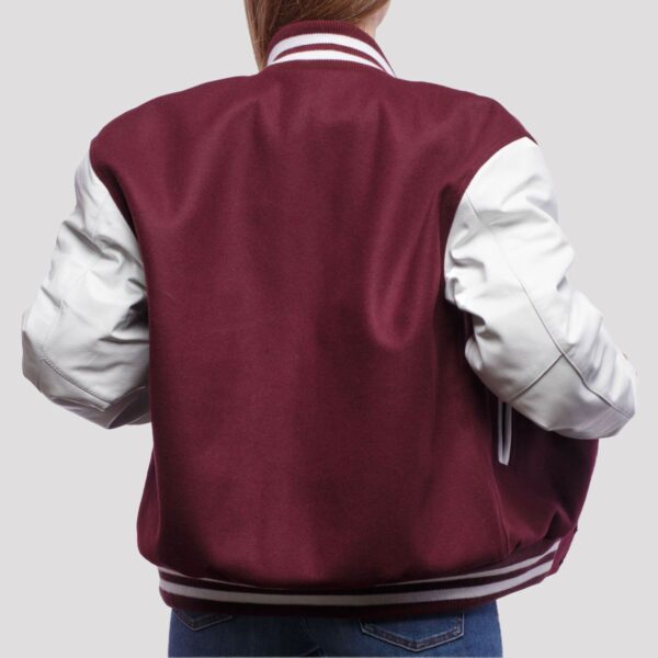 Luna Maroon Wool Body & White Leather Sleeves Varsity Jacket - Image 2