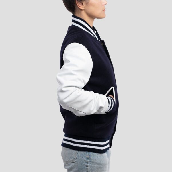 Violet Navy Blue Wool Body & White Leather Sleeves Varsity Jacket - Image 2