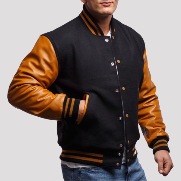 Sebastian Black Wool Body & Old Gold Leather Sleeves Varsity Jacket - Image 3