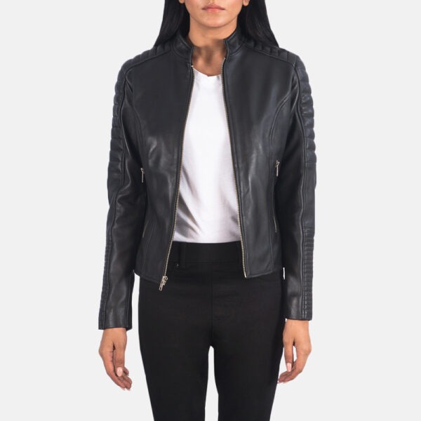 Emily Black Leather Biker Jacket - Image 3