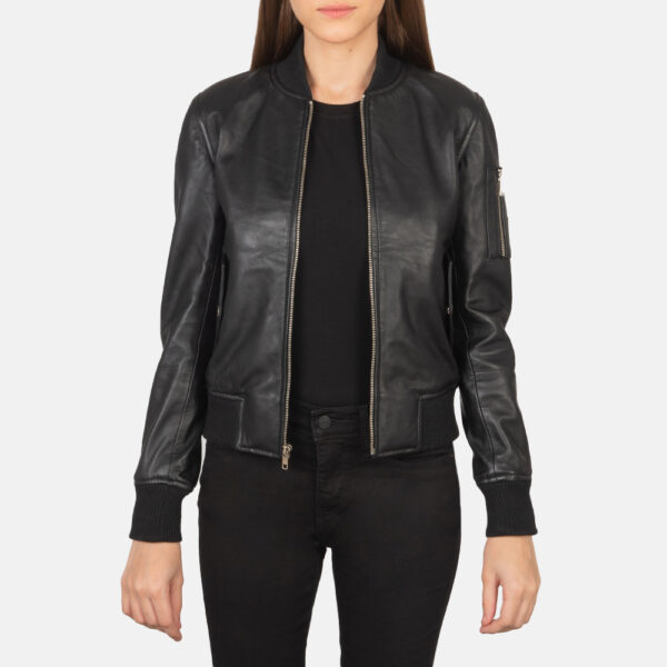 Mia Black Leather Bomber Jacket - Image 3
