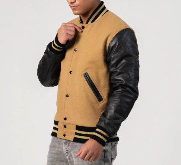 Asher Camel wool body & Black leather sleeves Varsity Jacket - Image 4