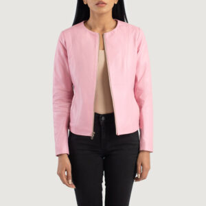 Olivia Pink Collarless Leather Biker Jacket