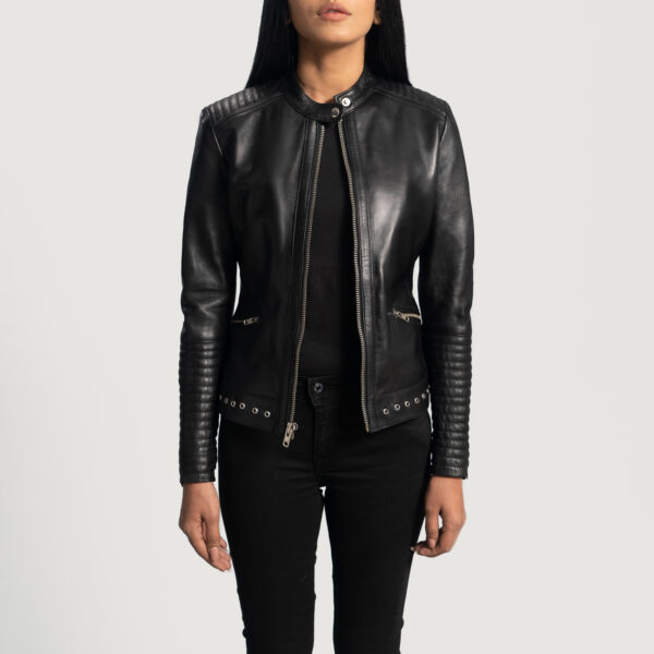 Violet Black Leather Biker Jacket - Image 4