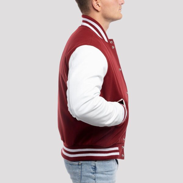 Noah Cardinal Red Wool Body & White Leather Sleeves Varsity Jacket - Image 3