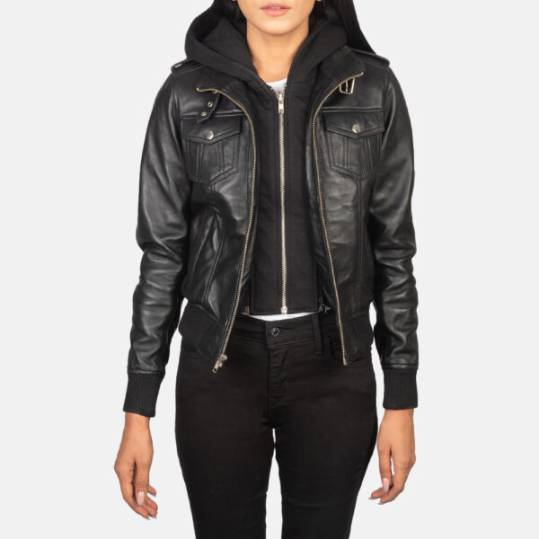 Levy Black Hooded Leather Bomber Jacket - Image 4