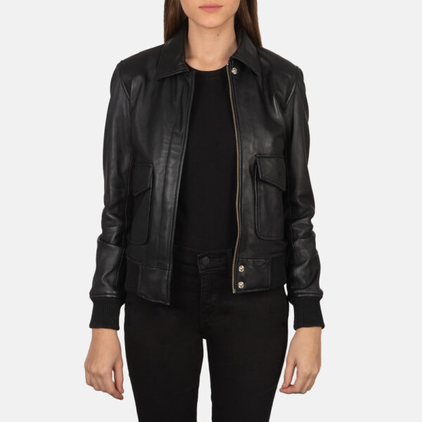 Rose Black Leather Bomber Jacket - Image 4