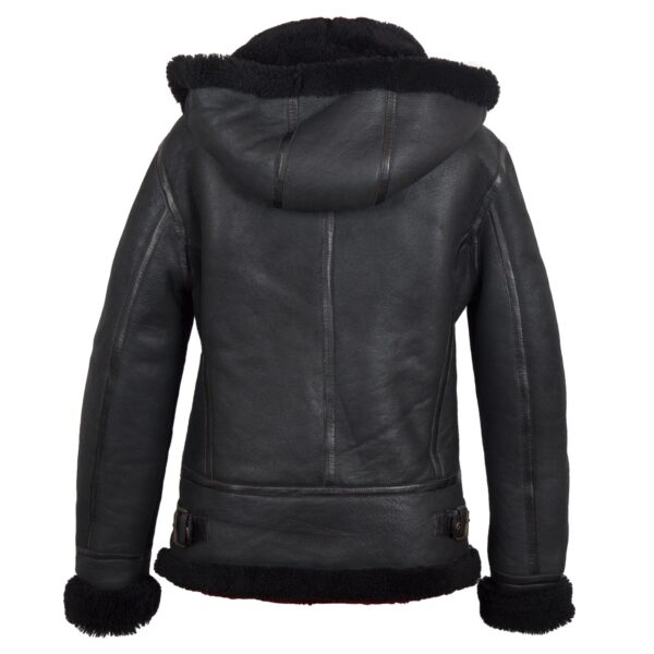 Mia Black Hooded Shearling Sheepskin Leather Jacket - Image 2