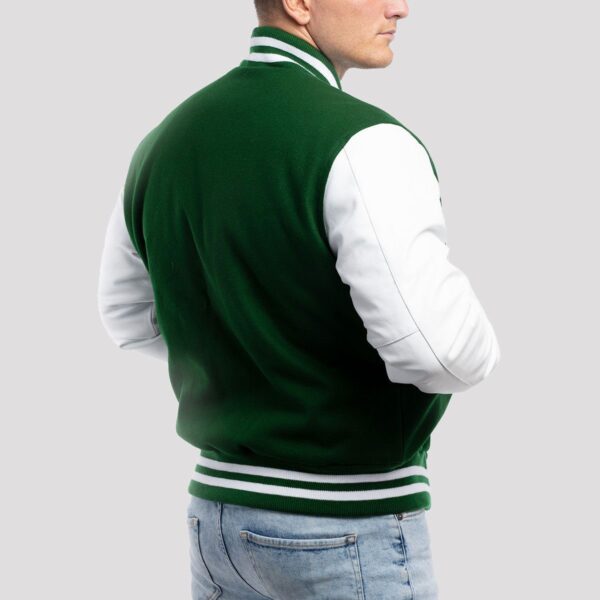 Matthew Kelly Green Wool Body & White Leather Sleeves Varsity Jacket - Image 2