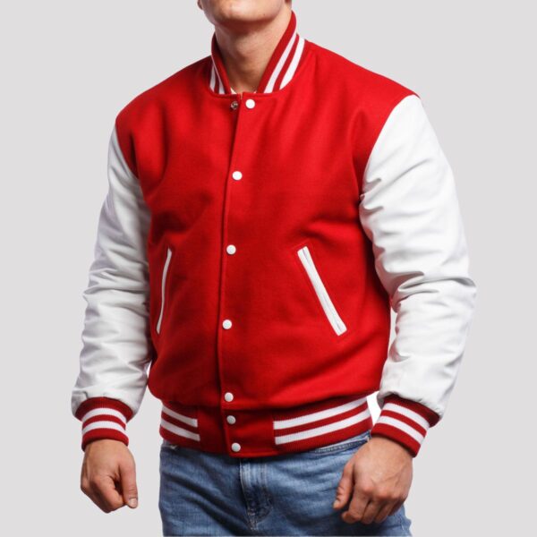 Jack Scarlet Wool Body & White Leather Sleeves Varsity Jacket - Image 4