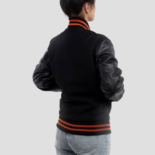 Emily All Black with Orange Stripes Varsity Jacket - Image 2