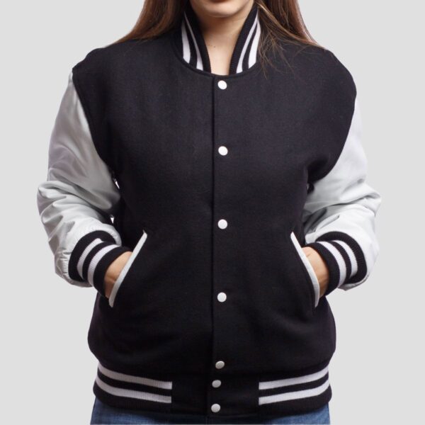 Mia Black Wool Body & White Leather Sleeves Varsity Jacket
