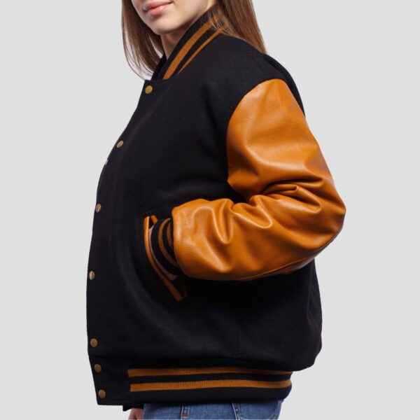 Isabella Black Wool Body & Old Gold Leather Sleeves Varsity Jacket - Image 4